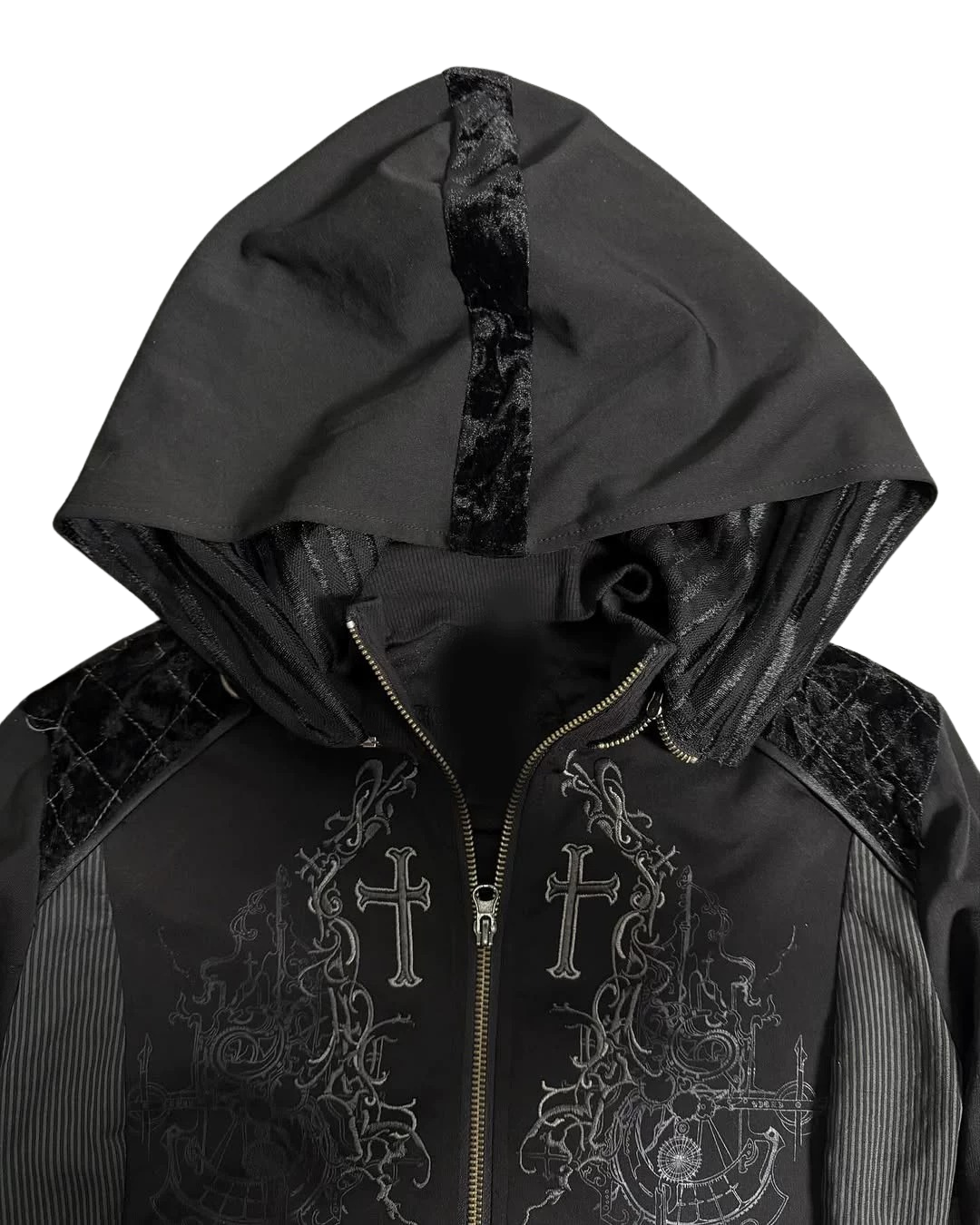 Gothic Cross Embroidered Zip Hoodie