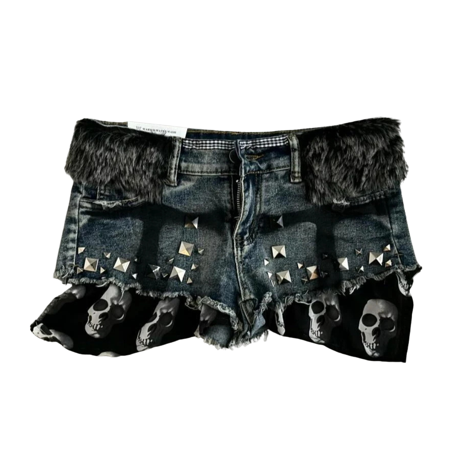 Rivet Skull Pattern Short Denim Pants