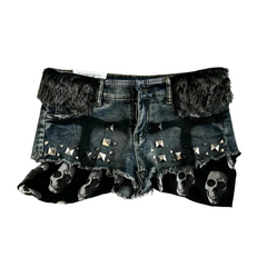 Rivet Skull Pattern Short Denim Pants - PWM