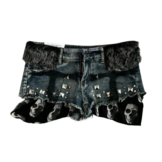 Rivet Skull Pattern Short Denim Pants