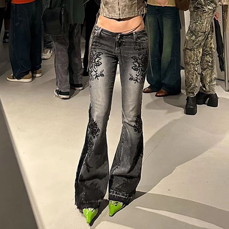 Gothic Floral Print Flare Jeans