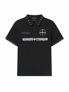 Studded Collar Russian Script Polo Shirt