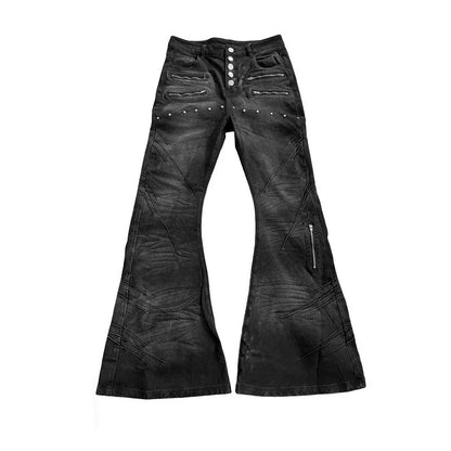 Rivet Zipper Washed Jeans