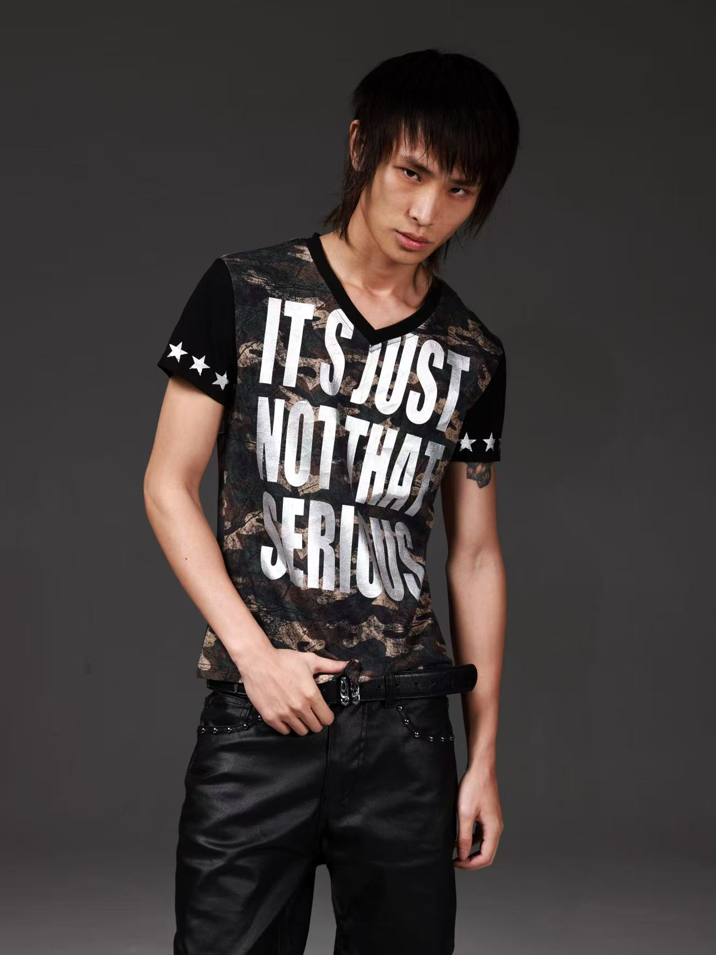 Camo Distressed Silver-Foil V-Neck T-Shirt