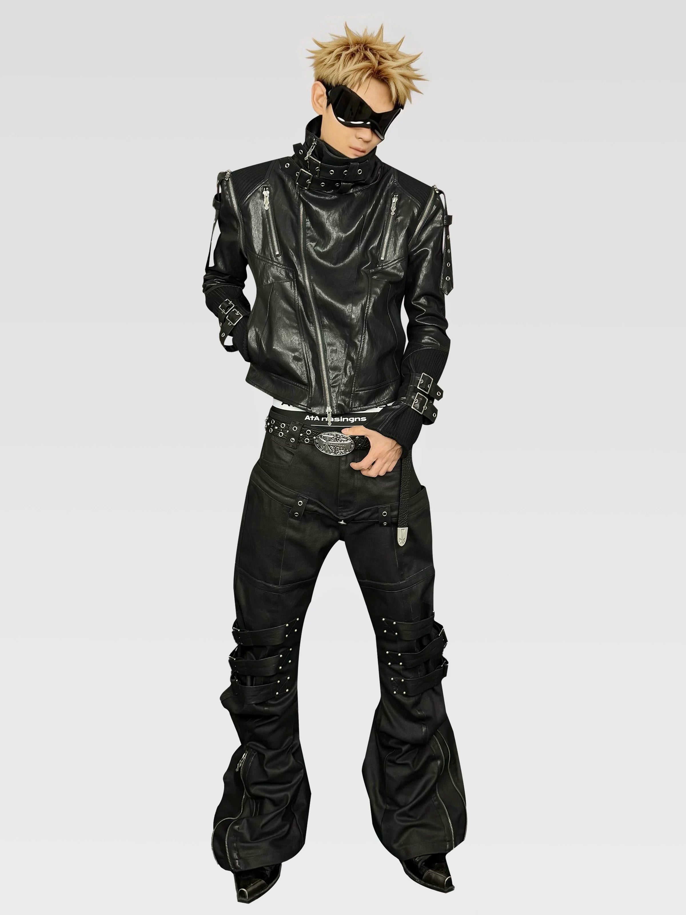 Stacked Lace-Up Wax Leather Pants