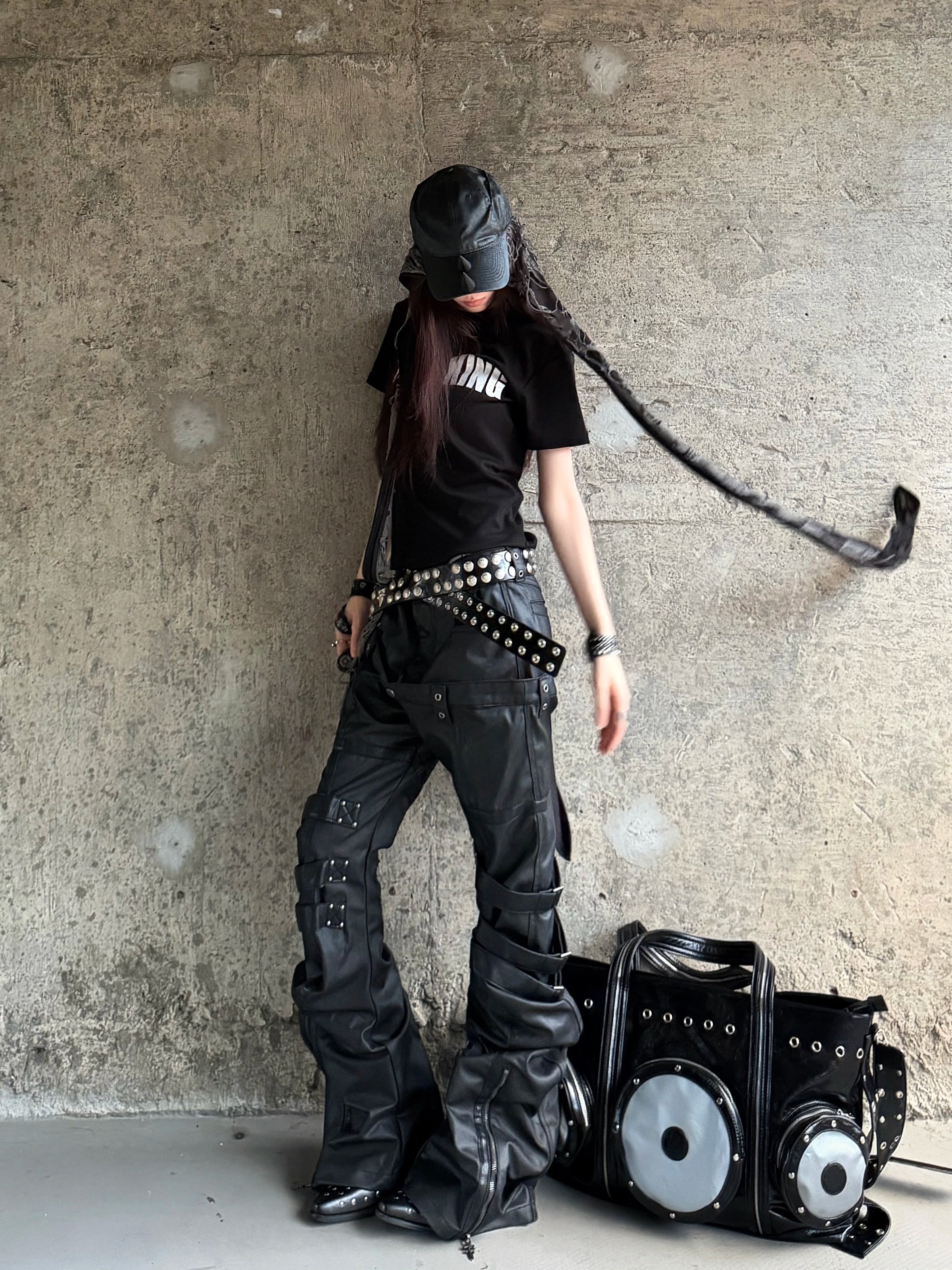 Stacked Lace-Up Wax Leather Pants