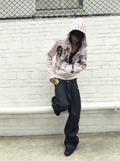 Apricot Stripe Graffiti Zip Hoodie