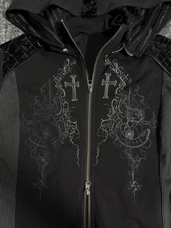 Gothic Cross Embroidered Zip Hoodie