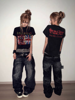 Leopard Double-Waist Washed Baggy Jeans