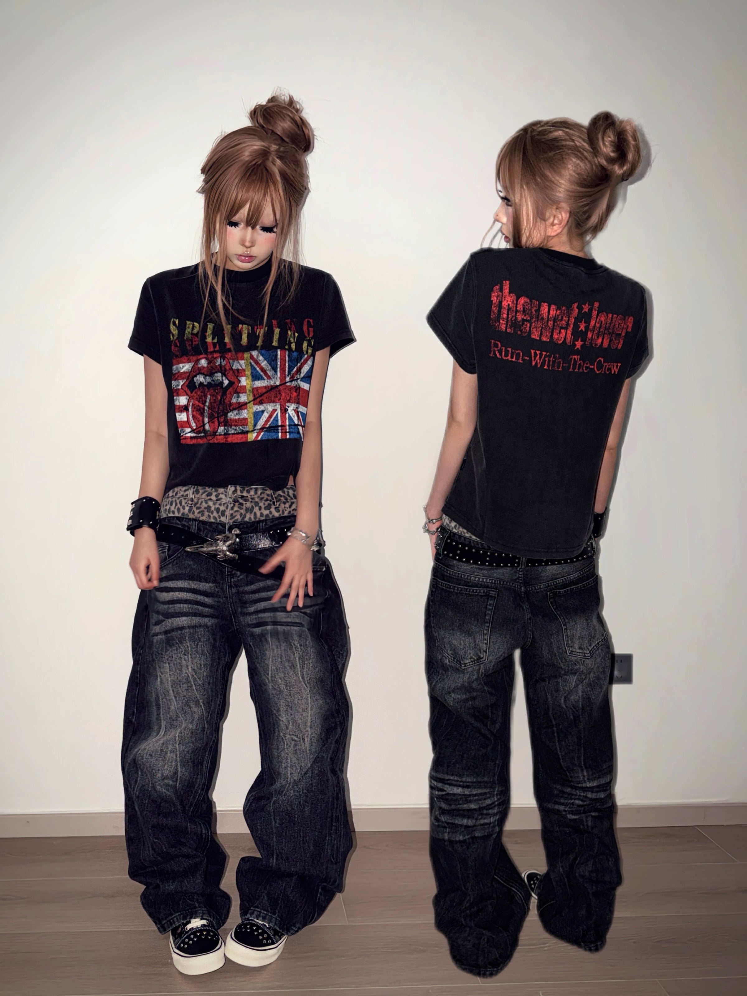 Leopard Double-Waist Washed Baggy Jeans