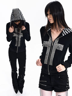 Studded Cross Stripe Patch Hoodie Jacket