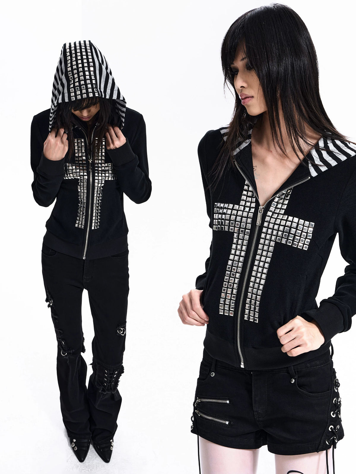 Studded Cross Stripe Patch Hoodie Jacket