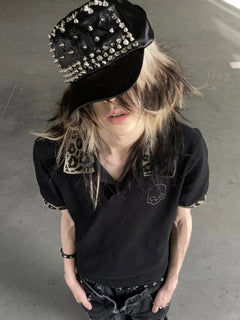 Leopard-Trim Skull Embroidered Polo Shirt