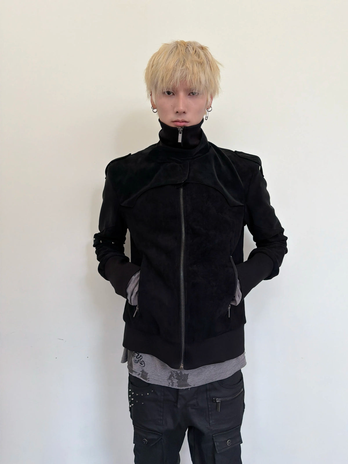 Studded Patchwork Stand-Collar Suede Jacket