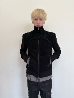 Studded Patchwork Stand-Collar Suede Jacket