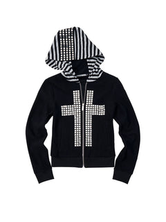 Studded Cross Stripe Patch Hoodie Jacket