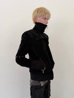 Studded Patchwork Stand-Collar Suede Jacket