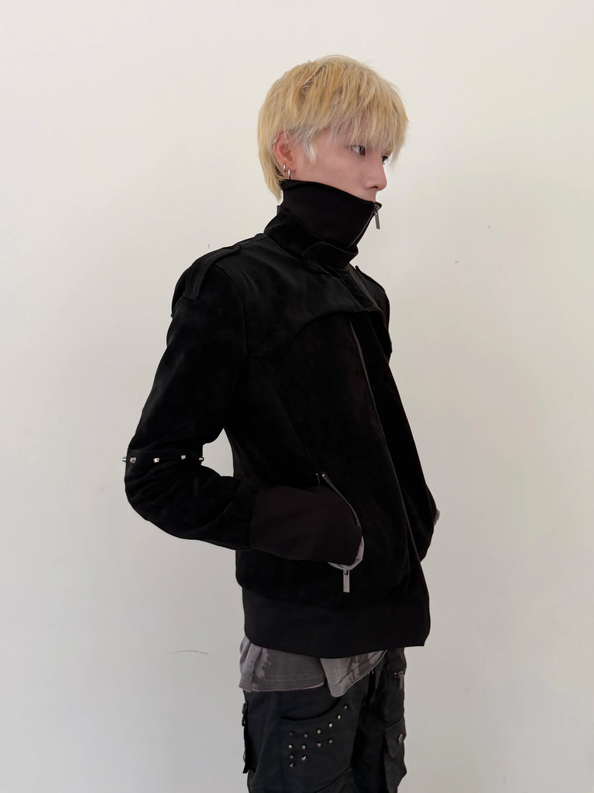 Studded Patchwork Stand-Collar Suede Jacket