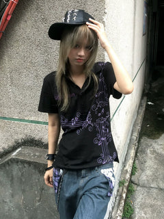 Y2K Wisteria Graphic Polo Shirt
