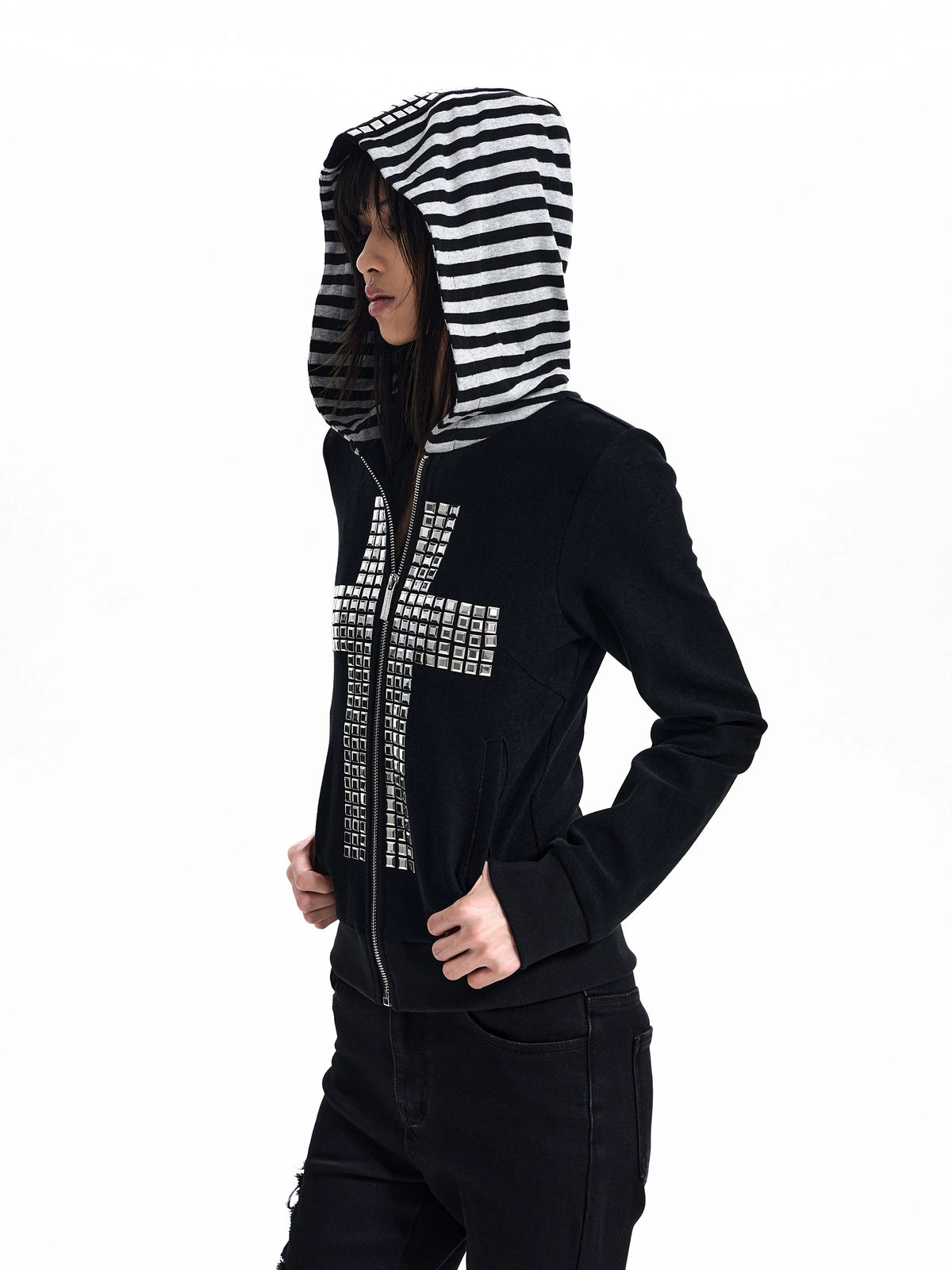 Studded Cross Stripe Patch Hoodie Jacket