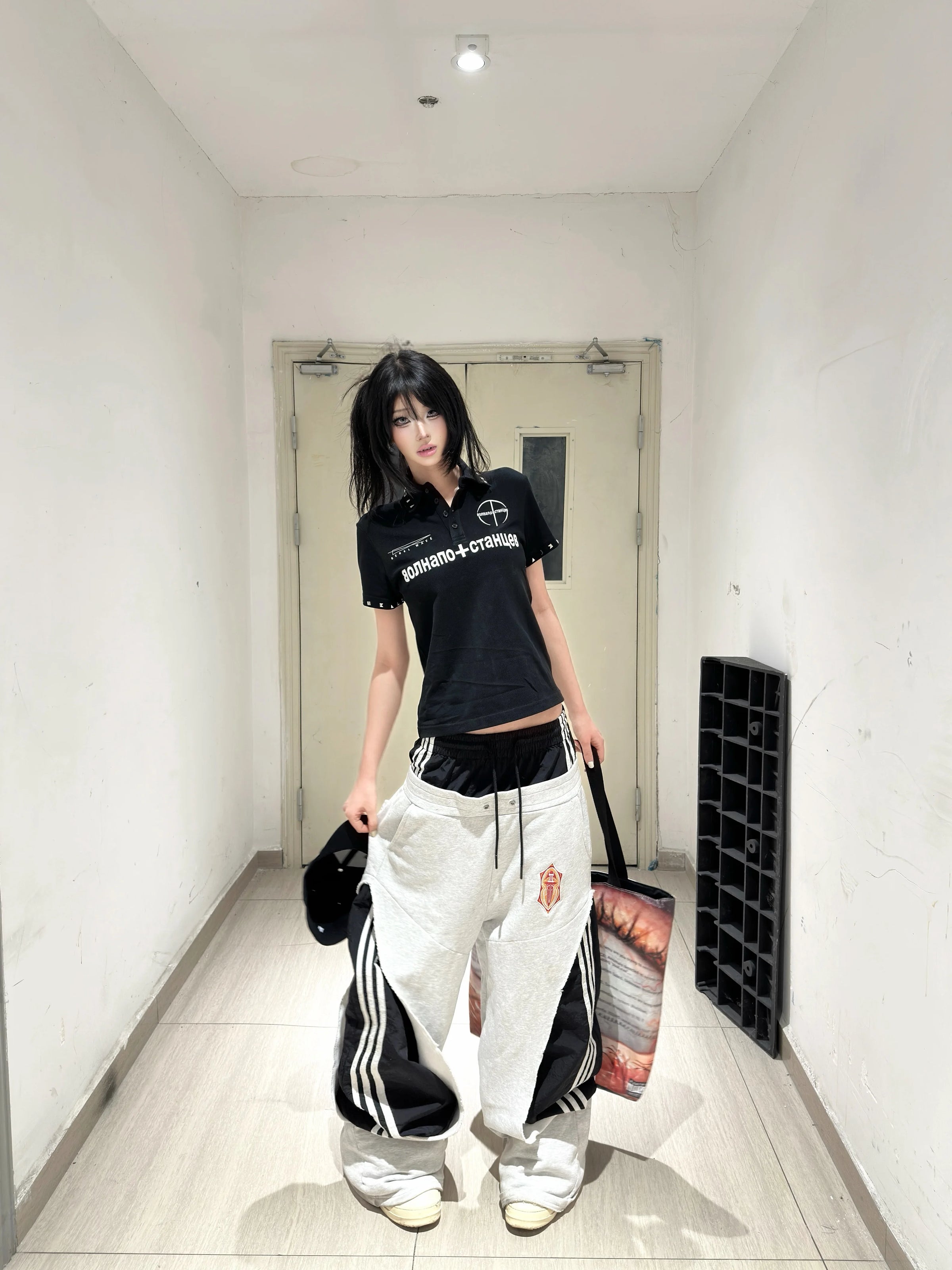 Studded Collar Russian Script Polo Shirt