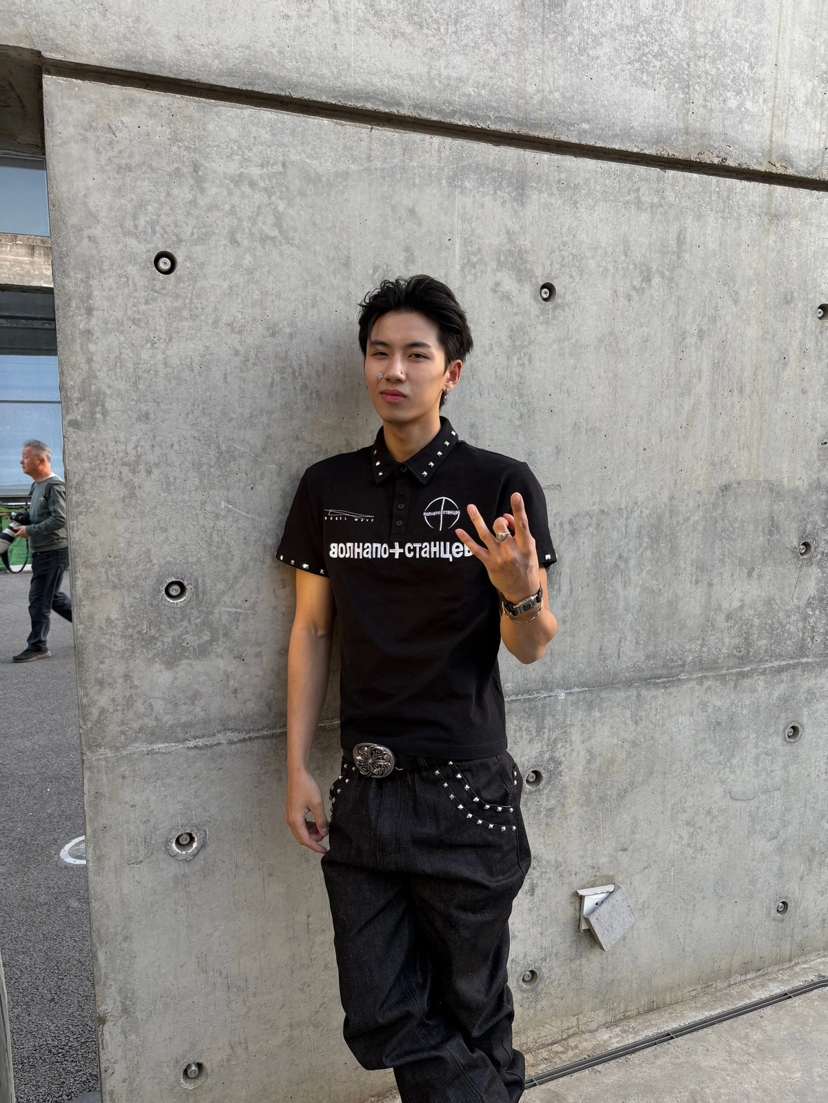 Studded Collar Russian Script Polo Shirt