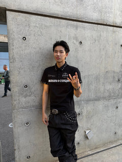 Studded Collar Russian Script Polo Shirt