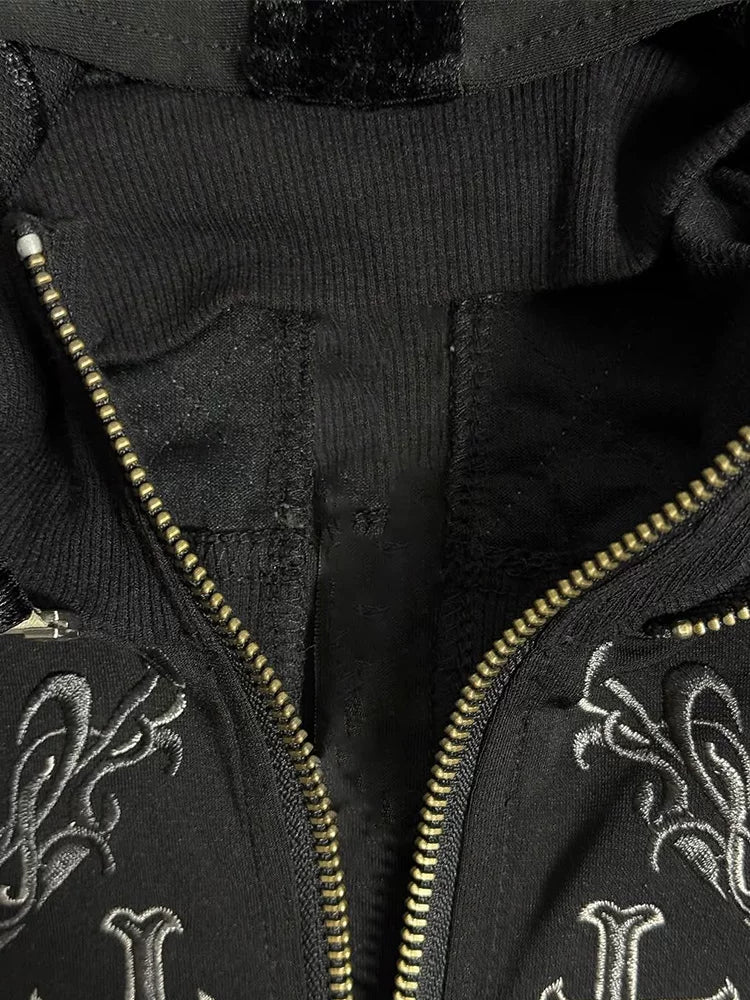Gothic Cross Embroidered Zip Hoodie