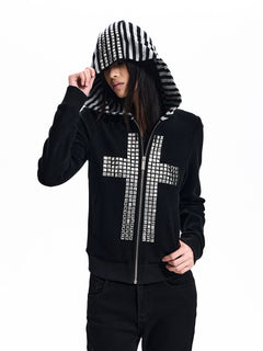Studded Cross Stripe Patch Hoodie Jacket