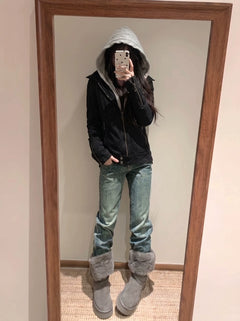 Faux Two-Piece Patchwork Hooded Zip Jacket
