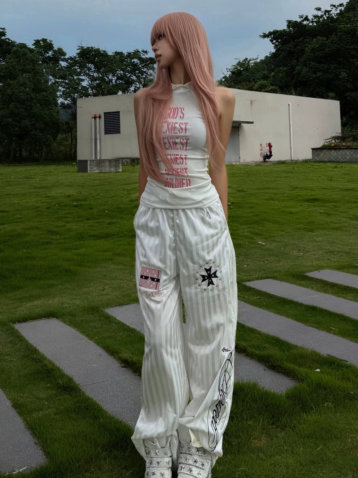 Subculture Embroidered Stripe Wide-Leg Pants
