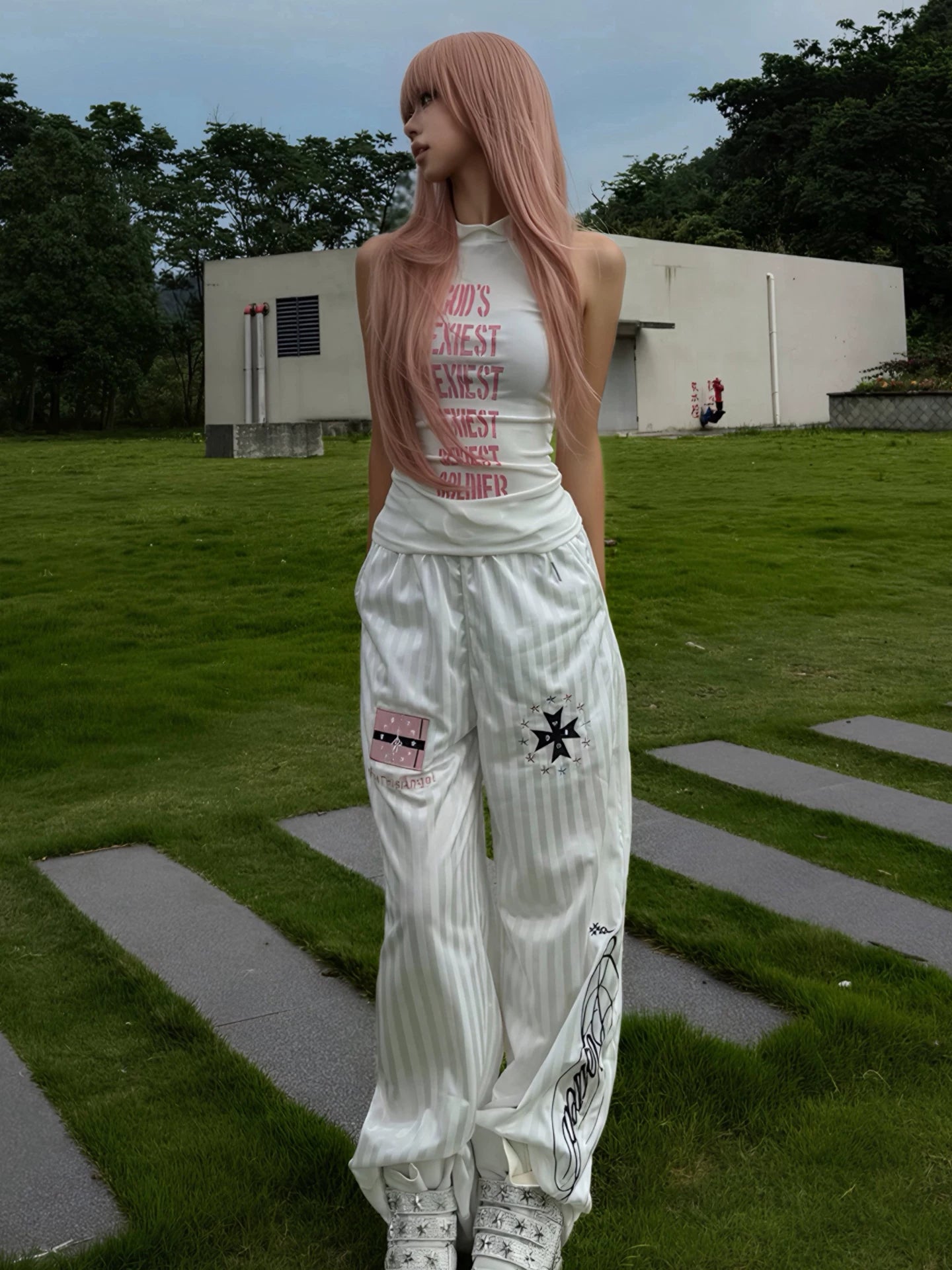 Subculture Embroidered Stripe Wide-Leg Pants