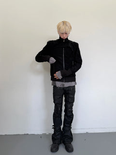 Studded Patchwork Stand-Collar Suede Jacket
