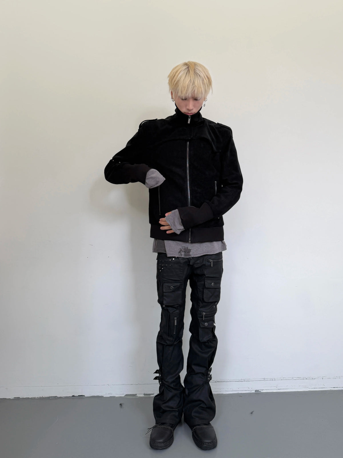 Studded Patchwork Stand-Collar Suede Jacket