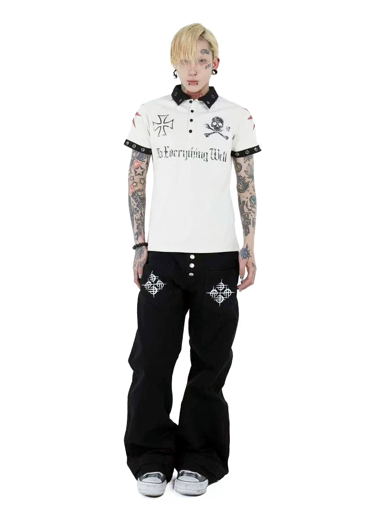 Contrast Collar Skull Graphic Polo Shirt