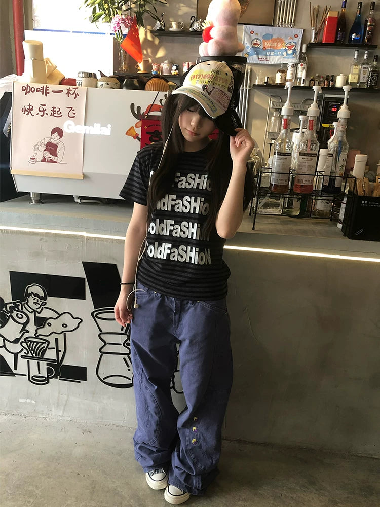 Silver Letter Stripe Short-Sleeve T-Shirt