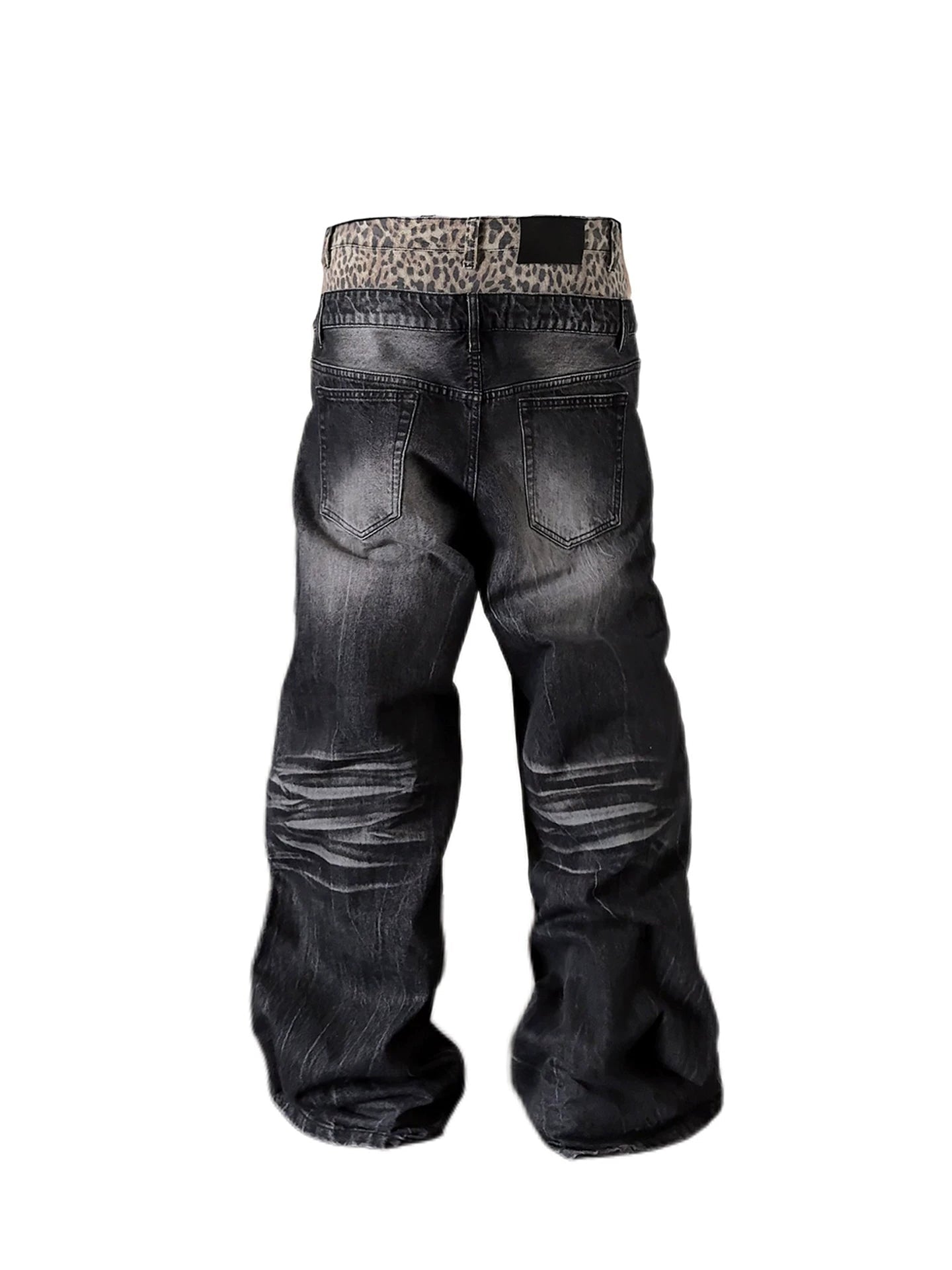 Leopard Double-Waist Washed Baggy Jeans