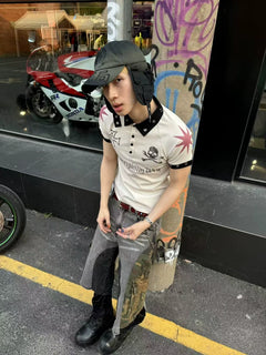 Contrast Collar Skull Graphic Polo Shirt