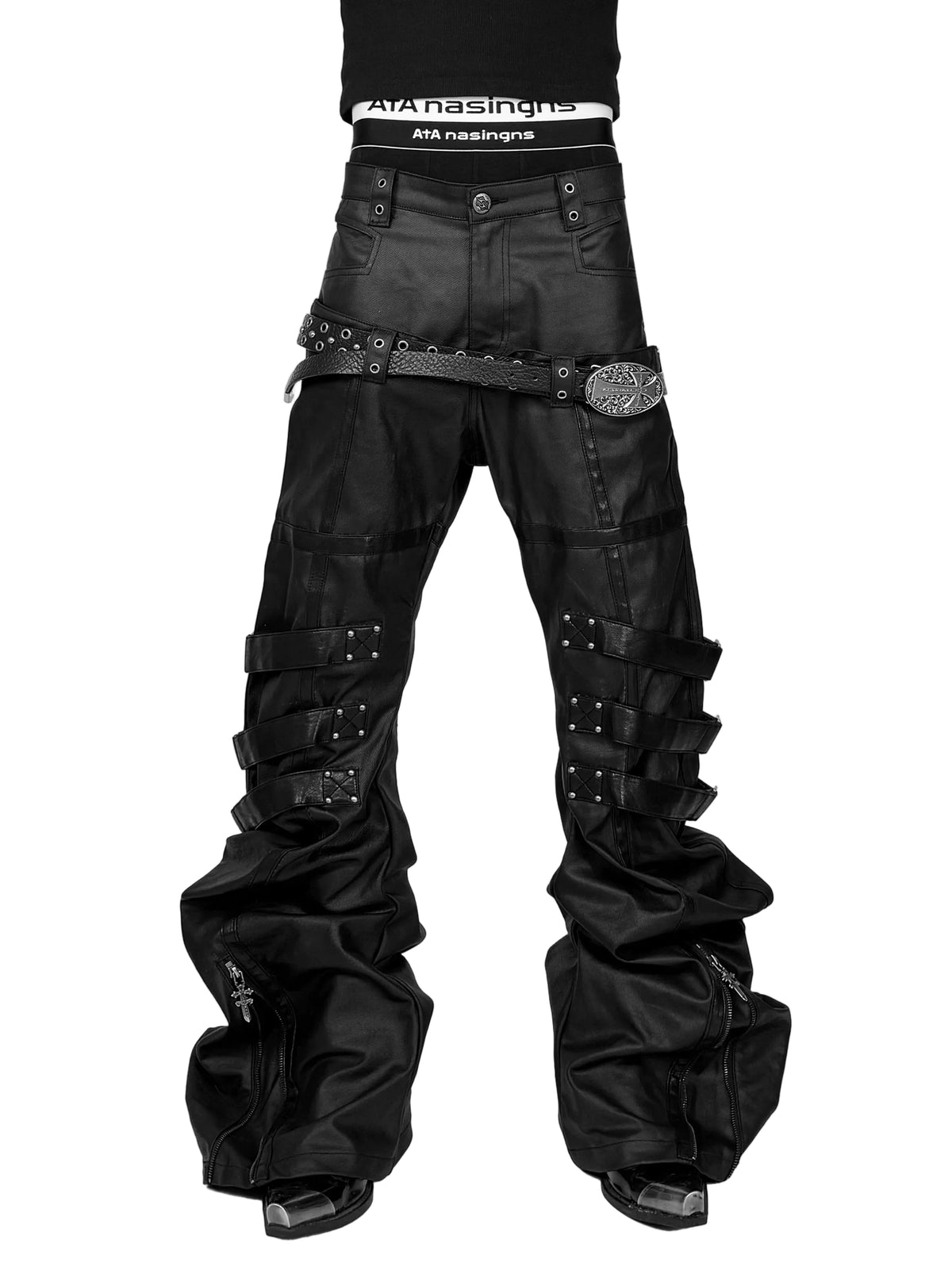 Stacked Lace-Up Wax Leather Pants