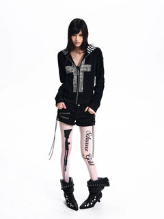 Studded Cross Stripe Patch Hoodie Jacket