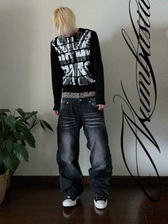 Leopard Double-Waist Washed Baggy Jeans