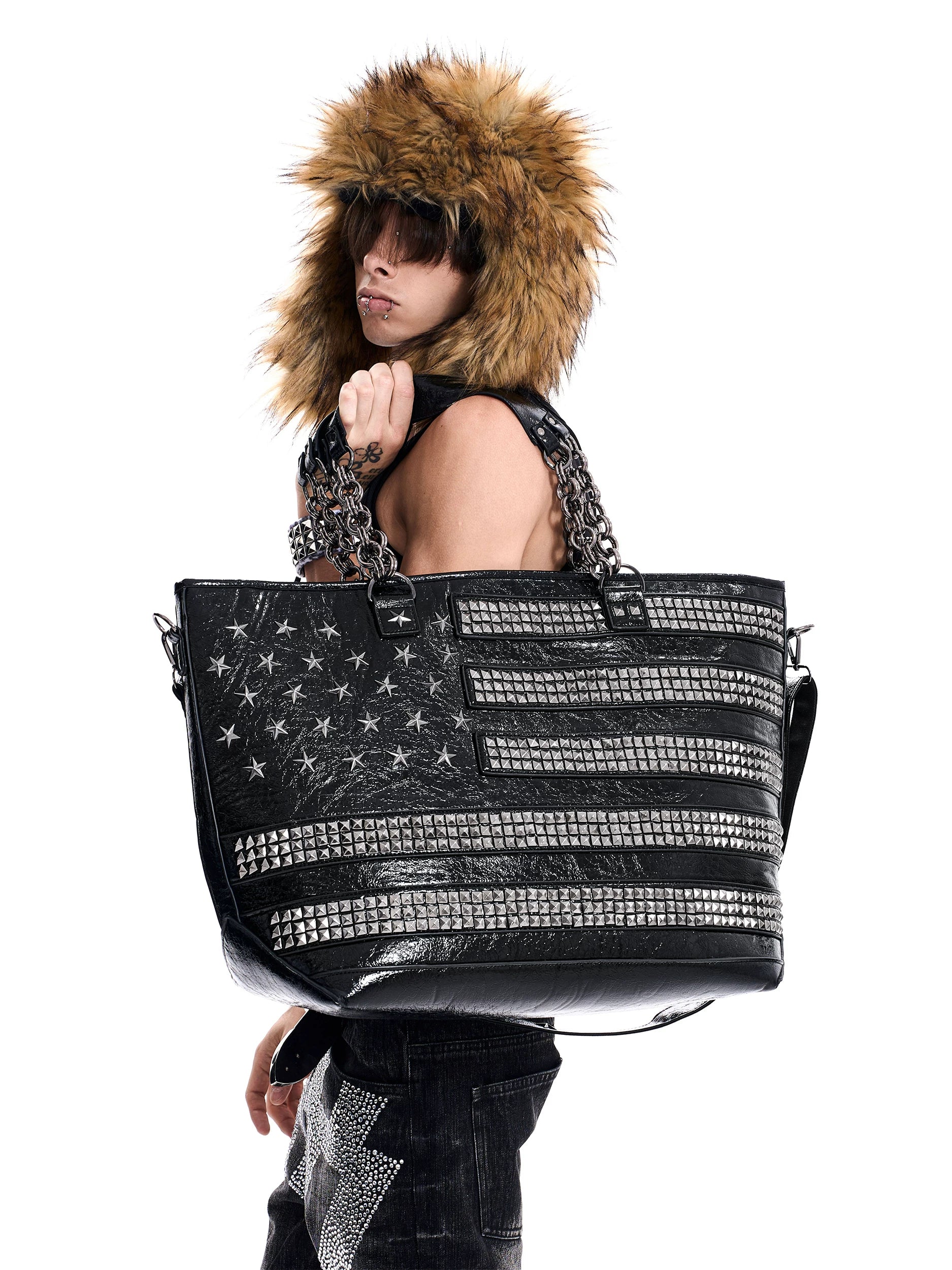 Studded Star Flag Chain-Handle Tote Bag