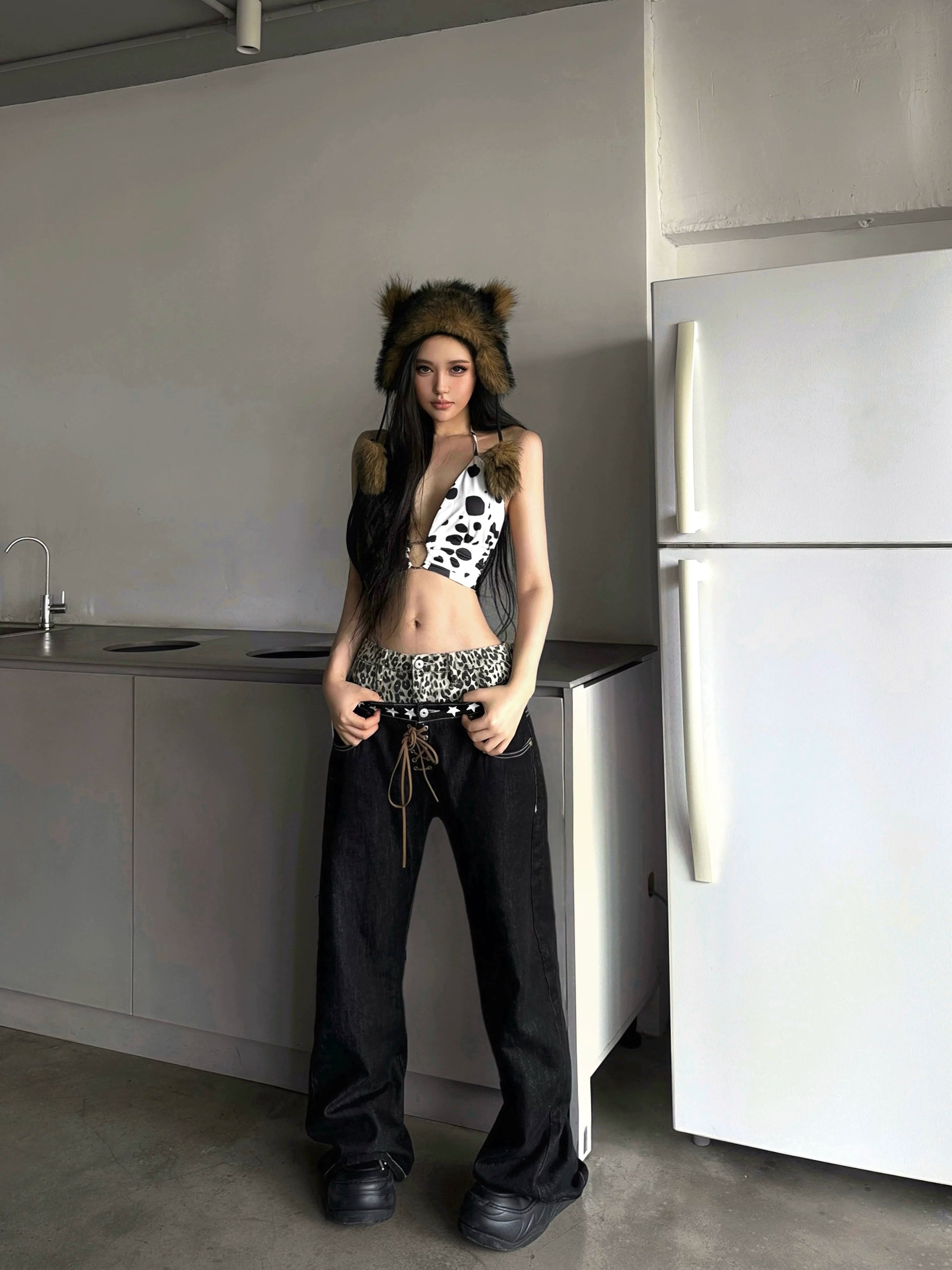 Fake 2 piece Leopard Scimitar Jeans
