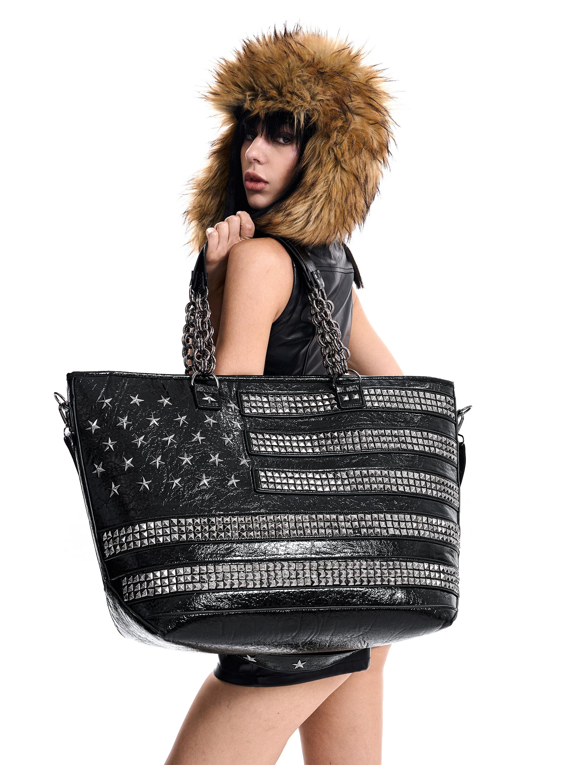 Studded Star Flag Chain-Handle Tote Bag