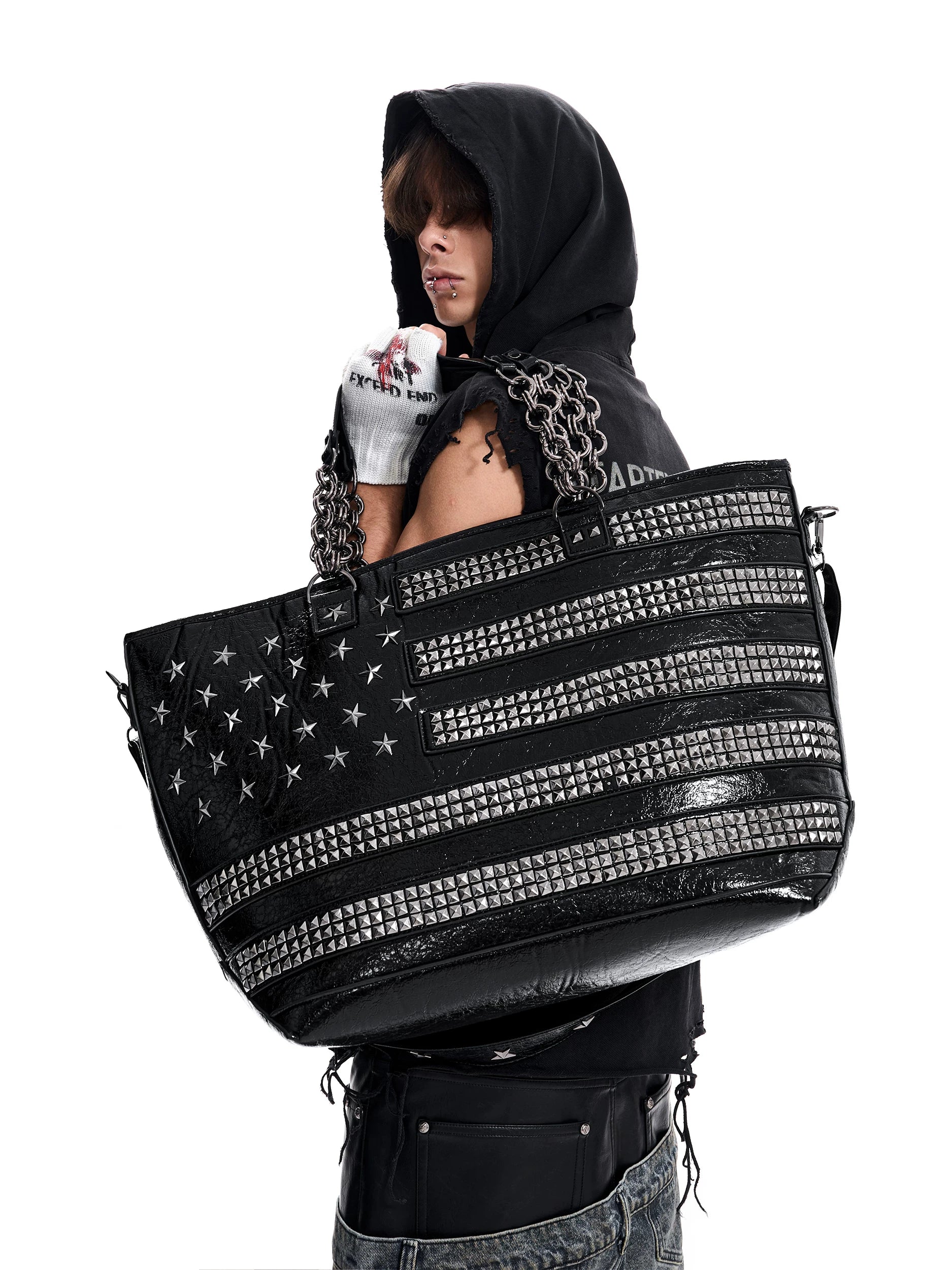 Studded Star Flag Chain-Handle Tote Bag