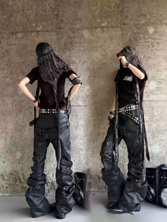 Stacked Lace-Up Wax Leather Pants