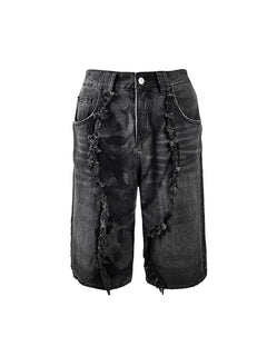 Frayed Washed Black Denim Shorts