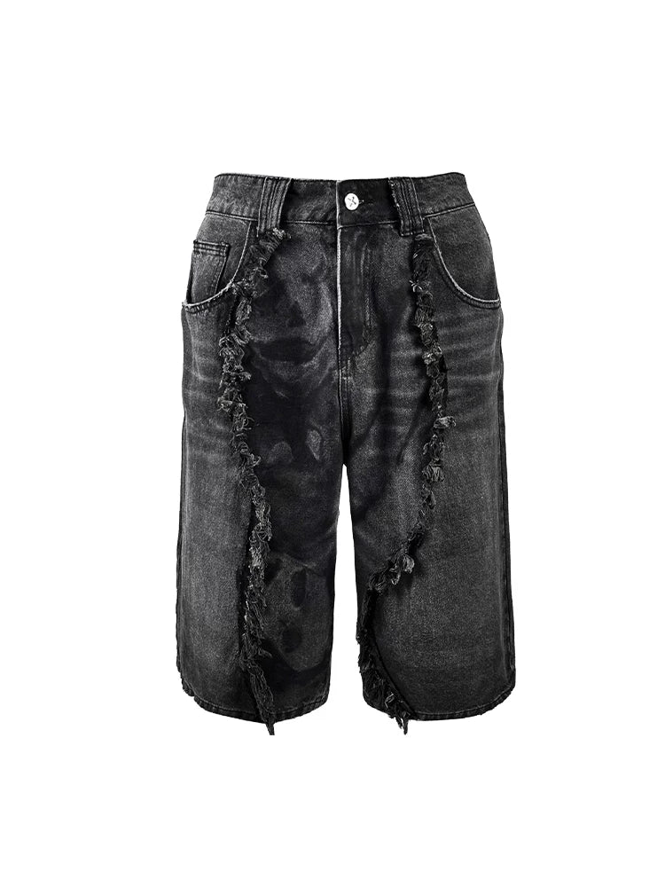 Frayed Washed Black Denim Shorts