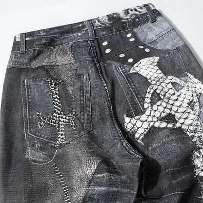 Gothic Pattern Washed Straight Loose Denim