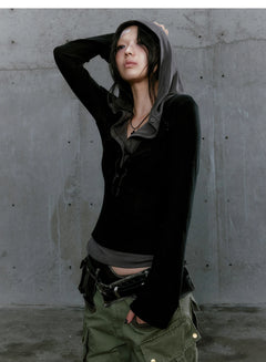 Fake Two Pieces Crop Hooded Top - PWM